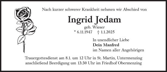 Traueranzeige von Ingrid Jedam von Süddeutsche Zeitung