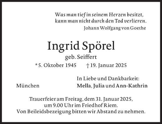 Traueranzeige von Ingrid Spörel von Süddeutsche Zeitung