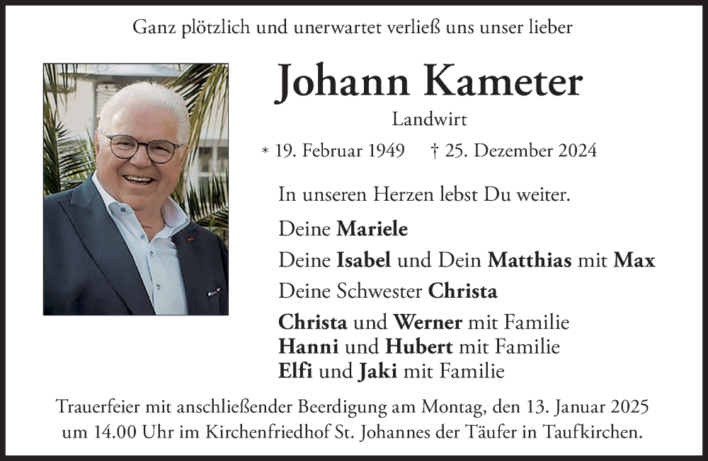  Traueranzeige für Johann Kameter vom 04.01.2025 aus Süddeutsche Zeitung