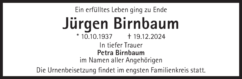  Traueranzeige für Jürgen Birnbaum vom 11.01.2025 aus Süddeutsche Zeitung