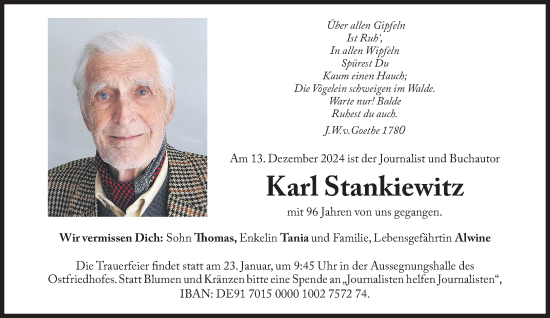 Traueranzeige von Karl Stankiewitz von Süddeutsche Zeitung