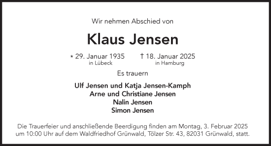 Traueranzeige von Klaus Jensen von Süddeutsche Zeitung