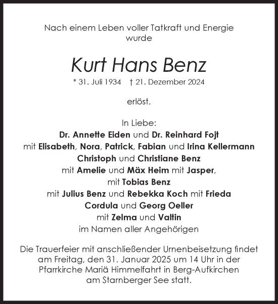 Traueranzeige von Kurt Hans Benz von Süddeutsche Zeitung