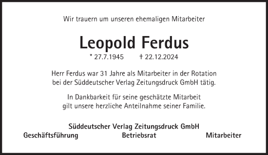 Traueranzeige von Leopold Ferdus von Süddeutsche Zeitung