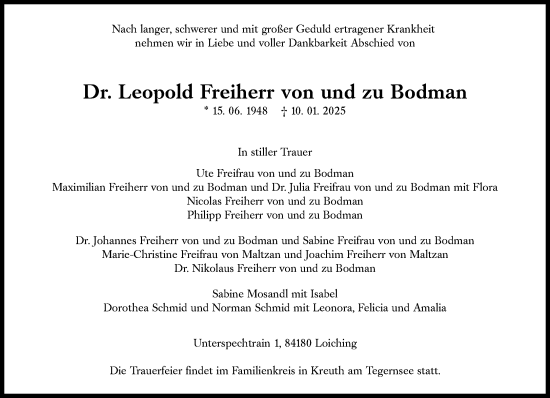 Traueranzeige von Leopold  Freiherr von und zu Bodman von Süddeutsche Zeitung