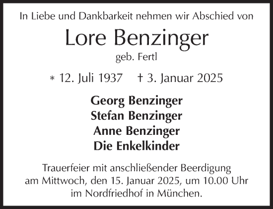 Traueranzeige von Lore Benzinger von Süddeutsche Zeitung