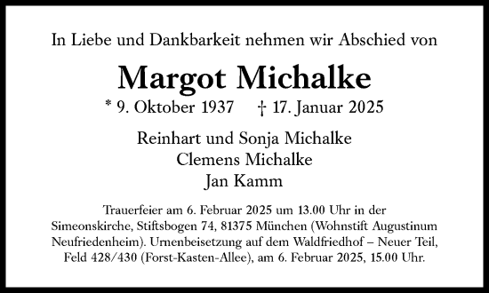 Traueranzeige von Margot Michalke von Süddeutsche Zeitung