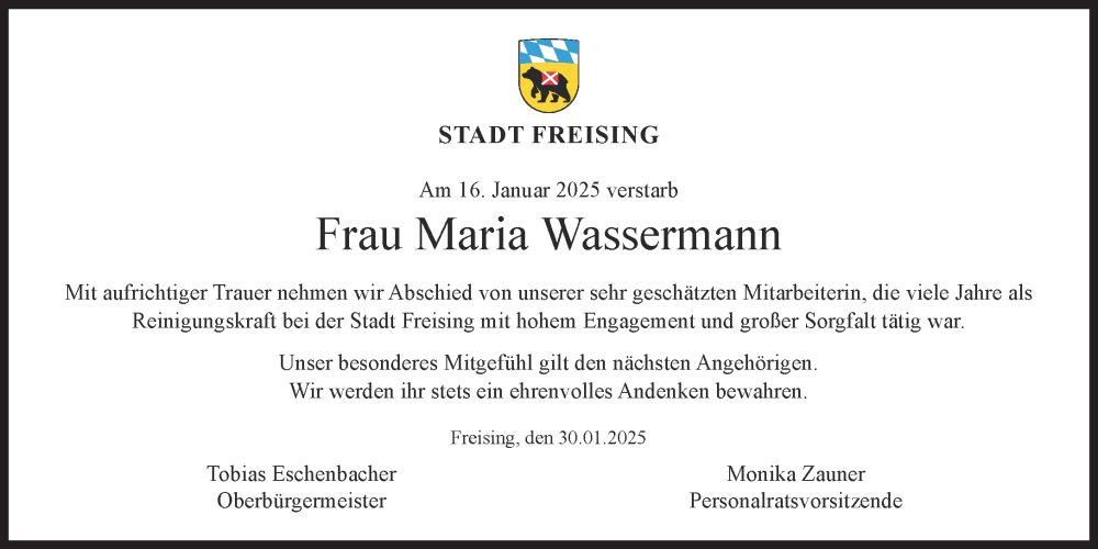  Traueranzeige für Maria Wassermann vom 30.01.2025 aus Süddeutsche Zeitung