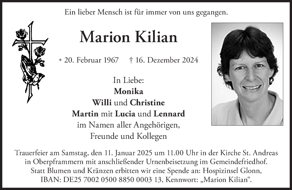  Traueranzeige für Marion Kilian vom 04.01.2025 aus Süddeutsche Zeitung