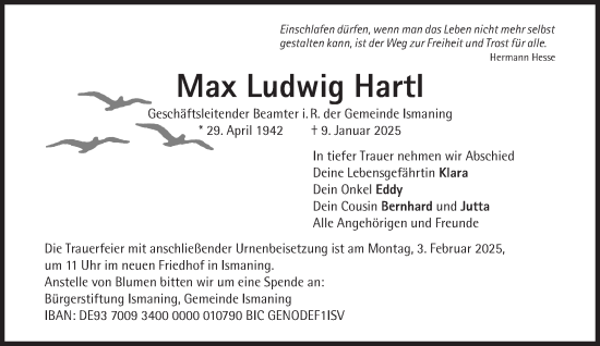 Traueranzeige von Max Ludwig Hartl von Süddeutsche Zeitung