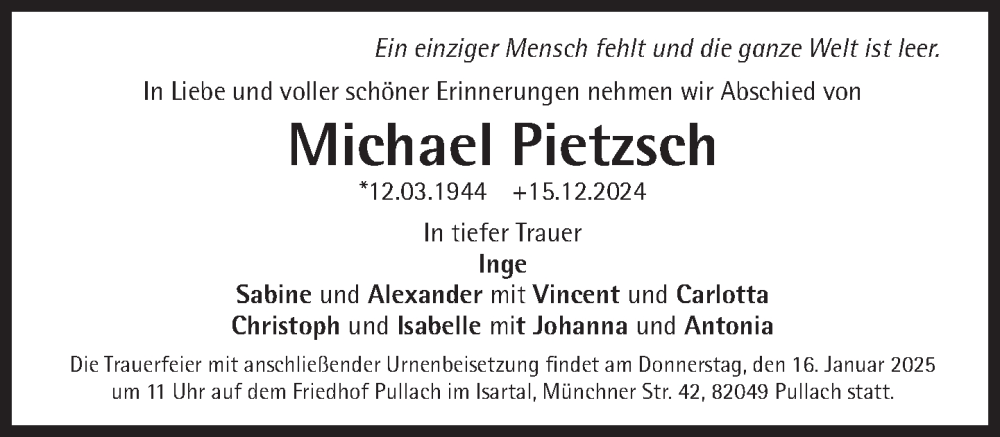  Traueranzeige für Michael Pietzsch vom 11.01.2025 aus Süddeutsche Zeitung