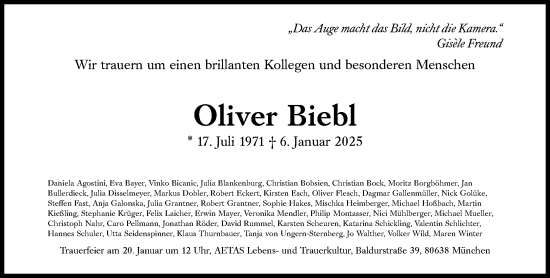 Traueranzeige von Oliver Biebl von Süddeutsche Zeitung