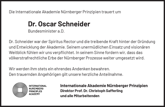 Traueranzeige von Oscar Schneider von Süddeutsche Zeitung