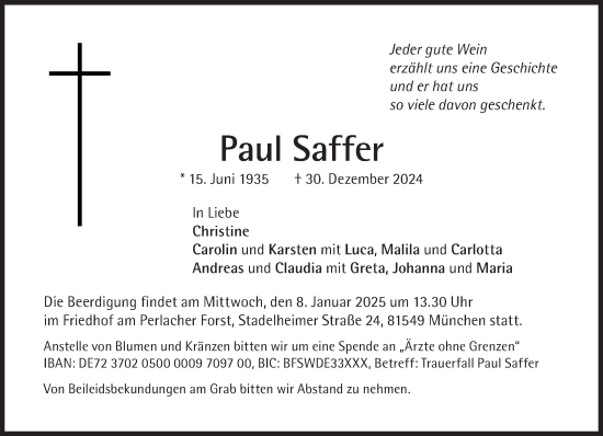 Traueranzeige von Paul Saffer von Süddeutsche Zeitung