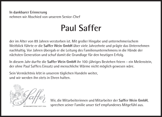Traueranzeige von Paul Saffer von Süddeutsche Zeitung
