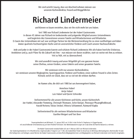 Traueranzeige von Richard Lindermeier von Süddeutsche Zeitung