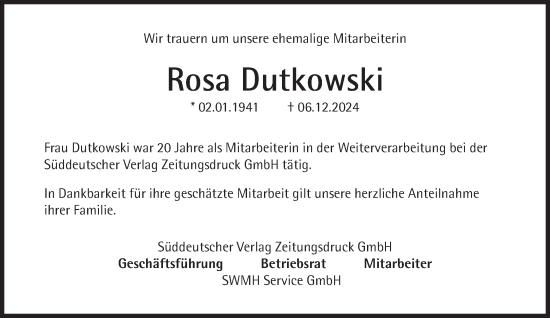 Traueranzeige von Rosa Dutkowski von Süddeutsche Zeitung