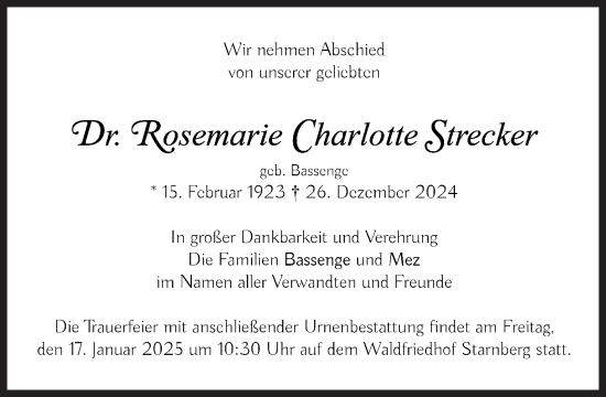 Traueranzeige von Rosemarie Charlotte Strecker von Süddeutsche Zeitung