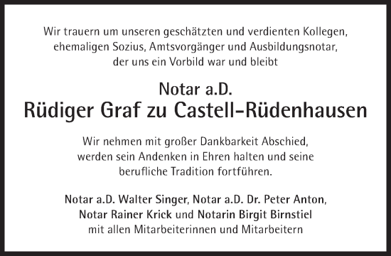 Traueranzeige von Rüdiger Graf zu Castell-Rüdenhausen von Süddeutsche Zeitung