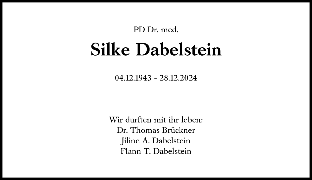  Traueranzeige für Silke Dabelstein vom 03.01.2025 aus Süddeutsche Zeitung