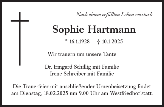 Traueranzeige von Sophie Hartmann von Süddeutsche Zeitung