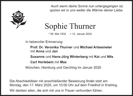 Traueranzeige von Sophie Thurner von Süddeutsche Zeitung