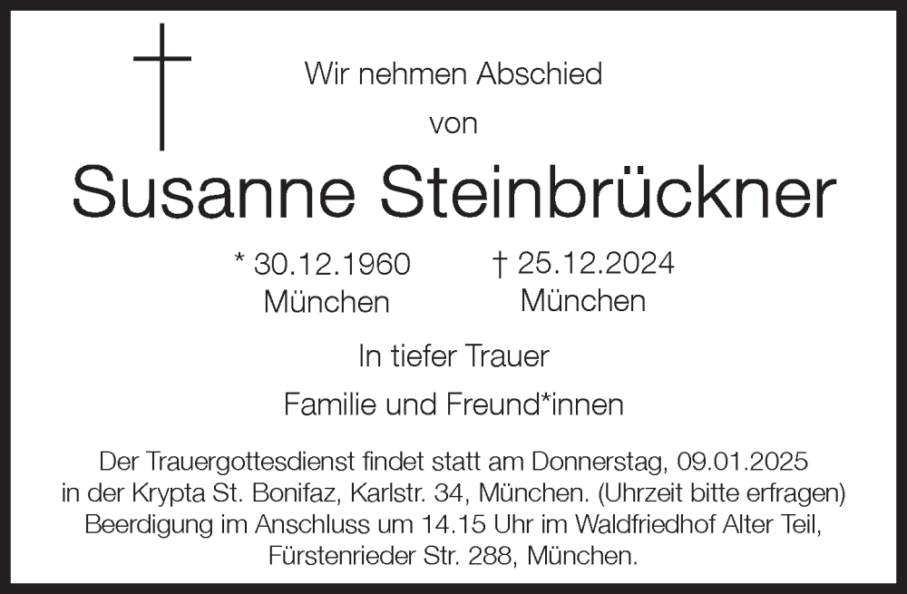  Traueranzeige für Susanne  Steinbrückner vom 04.01.2025 aus Süddeutsche Zeitung