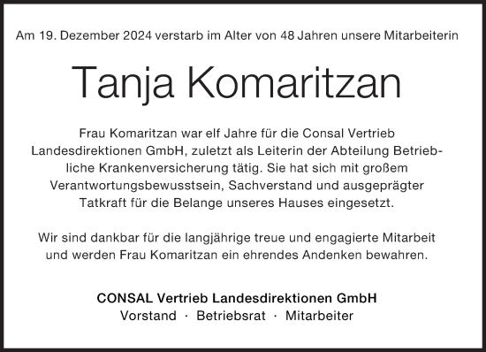 Traueranzeige von Tanja Komaritzan von Süddeutsche Zeitung