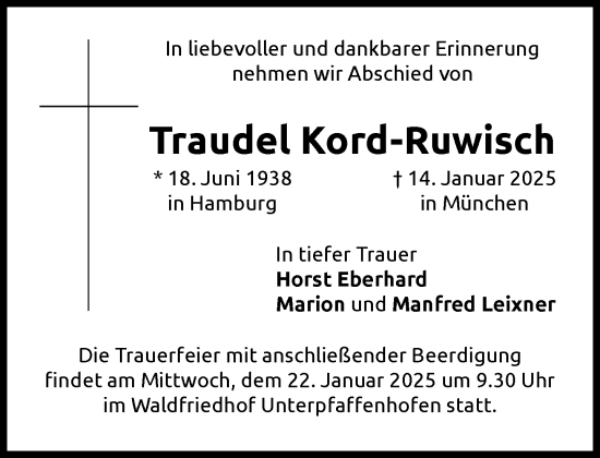 Traueranzeige von Traudel Kord-Ruwisch von Süddeutsche Zeitung