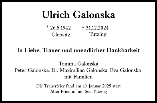 Traueranzeige von Ulrich Galonska von Süddeutsche Zeitung