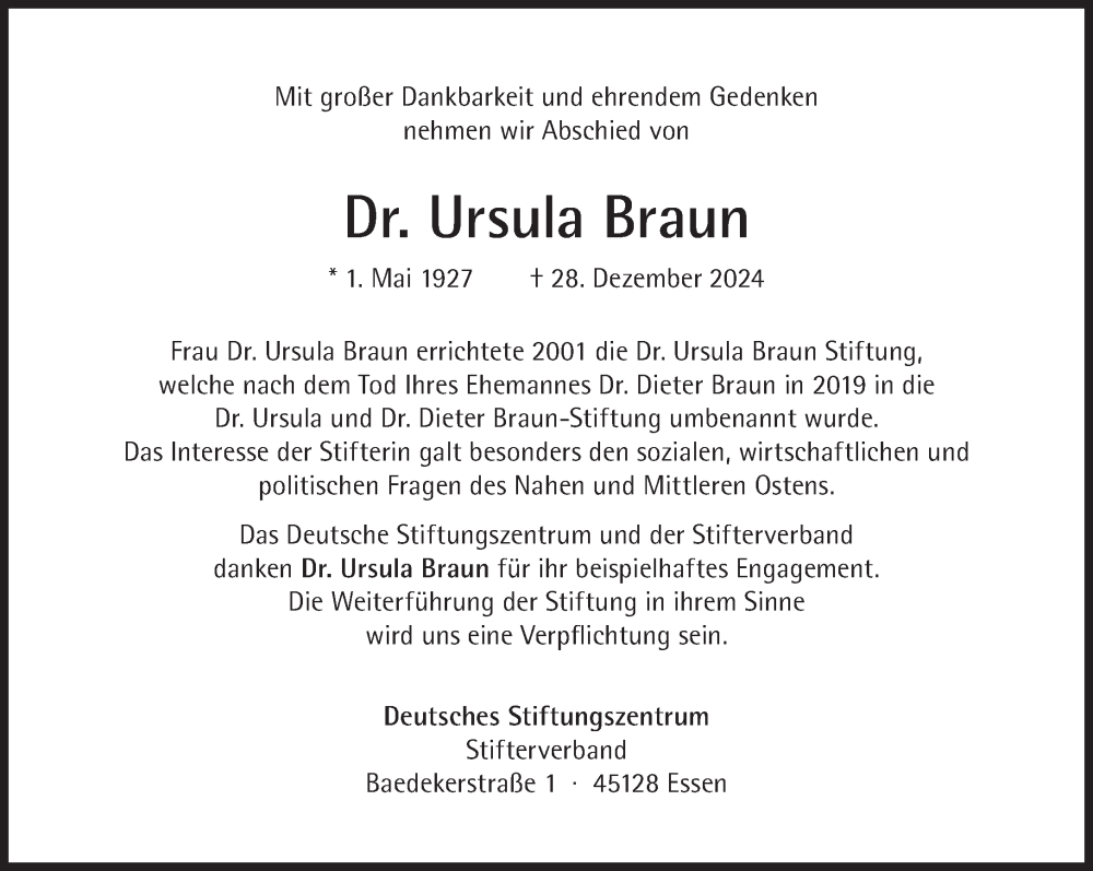  Traueranzeige für Ursula Braun vom 25.01.2025 aus Süddeutsche Zeitung
