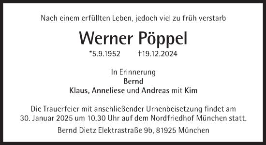 Traueranzeige von Werner Pöppel von Süddeutsche Zeitung