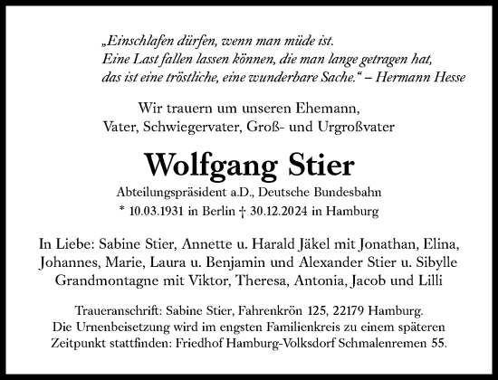 Traueranzeige von Wolfgang Stier von Süddeutsche Zeitung