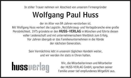 Traueranzeige von Wolfgang Paul Huss von Süddeutsche Zeitung