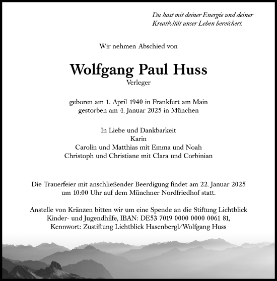 Traueranzeige von Wolfgang Paul Huss von Süddeutsche Zeitung