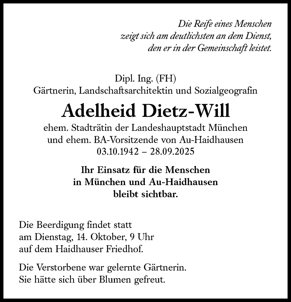  Traueranzeige für Adelheid Dietz-Will vom 11.10.2025 aus Süddeutsche Zeitung