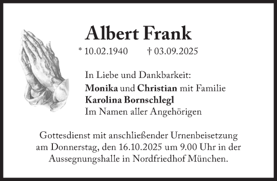 Traueranzeige von Albert Frank von Süddeutsche Zeitung