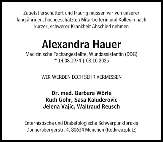 Traueranzeige von Alexandra Hauer von Süddeutsche Zeitung