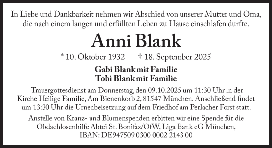 Traueranzeige von Anni Blank von Süddeutsche Zeitung