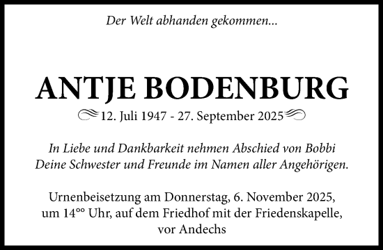 Traueranzeige von Antje Bodenburg von Süddeutsche Zeitung