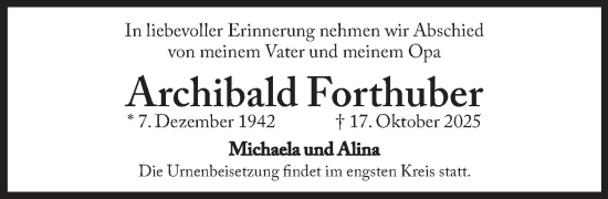Traueranzeige von Archibald Forthuber von Süddeutsche Zeitung