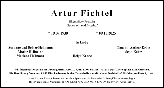 Traueranzeige von Artur Fichtel von Süddeutsche Zeitung