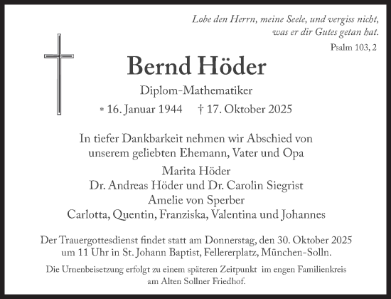Traueranzeige von Bernd Höder von Süddeutsche Zeitung