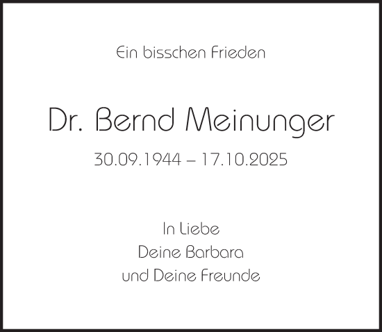 Traueranzeige von Bernd Meinunger von Süddeutsche Zeitung