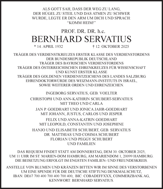 Traueranzeige von Bernhard Servatius von Süddeutsche Zeitung