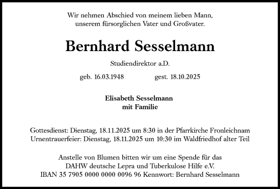 Traueranzeige von Bernhard Sesselmann von Süddeutsche Zeitung