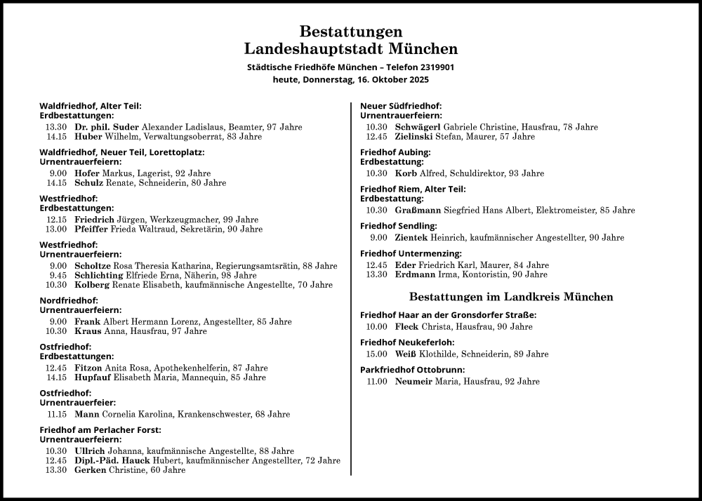  Traueranzeige für Bestattungen vom 16.10.2025 vom 16.10.2025 aus Süddeutsche Zeitung