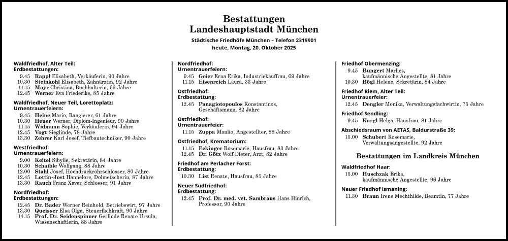  Traueranzeige für Bestattungen vom 20.10.2025 vom 20.10.2025 aus Süddeutsche Zeitung