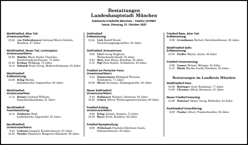  Traueranzeige für Bestattungen vom 21.10.2025 vom 21.10.2025 aus Süddeutsche Zeitung