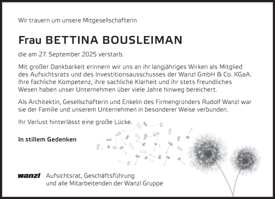 Traueranzeige von Bettina Bousleiman von Süddeutsche Zeitung